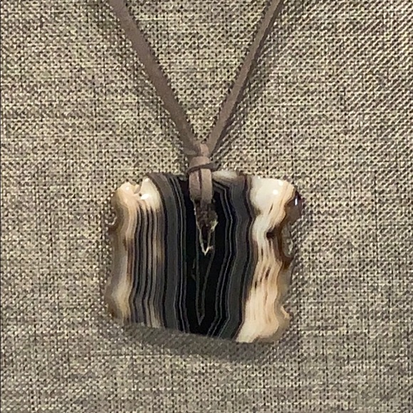 Geode Stone Slice Pendant on Sueded Long Necklace - Picture 2 of 4